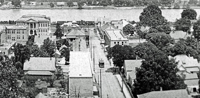 Aerial view of Downtown Alexandria, Louisiana circa 1925 with streetcar in center scene