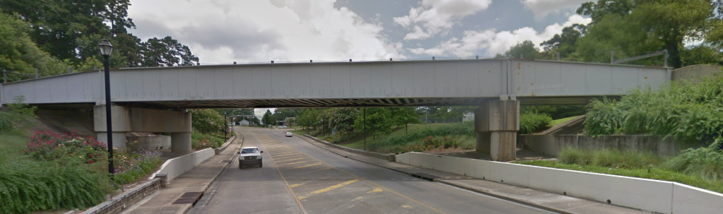Present-day Kansas City Southern Railway overpass on Main Street in Pineville, Louisiana, near the entrance to Louisiana College 
