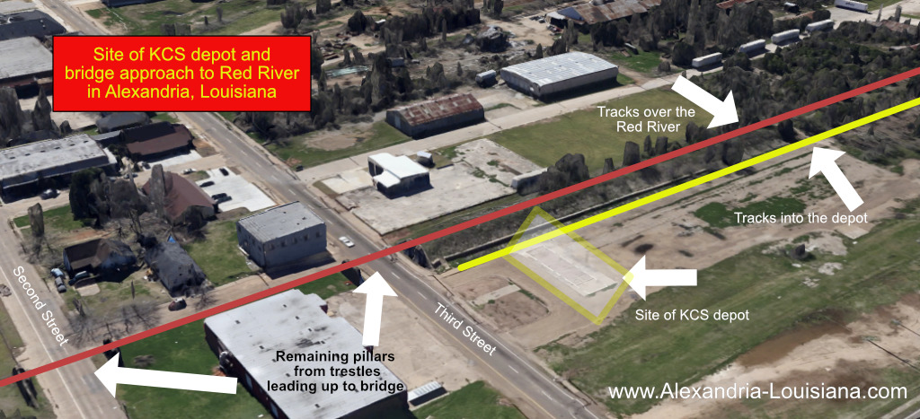 Aerial view of the former site of the Kansas City Southern (KCS) depot and bridge approach in Alexandria, Louisiana