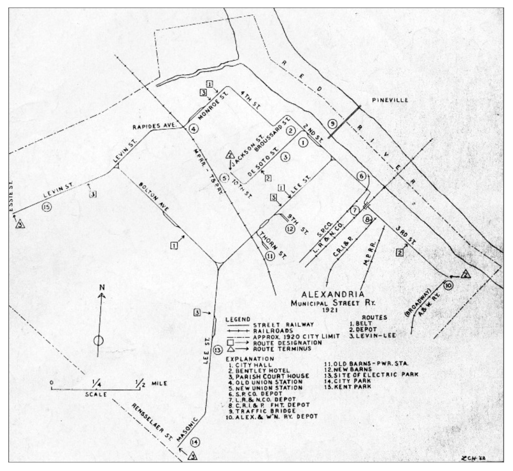 Map of the route of the Alexandria Municipal Street Railway System in 1921, along with the locations of several railroad stations around downtown Alexandria, Louisiana.