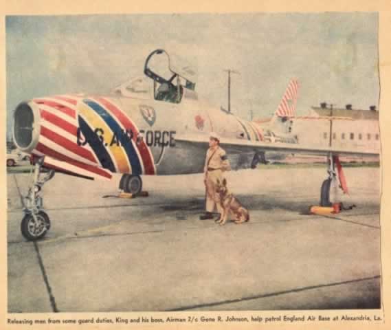 Newspaper clipping from the 1950s: Guarding a F-84F Thunderstreak on the apron at England Air Force Base in Alexandria, Louisiana Newspaper clipping from the 1950s: Guarding a F-84F Thunderstreak on the apron at England Air Force Base in Alexandria, Louisiana