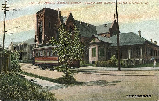 Vintage postcard: Streetcar in front of St. Francis Xavier Cathedral, College and Rectory in Alexandria, Louisiana